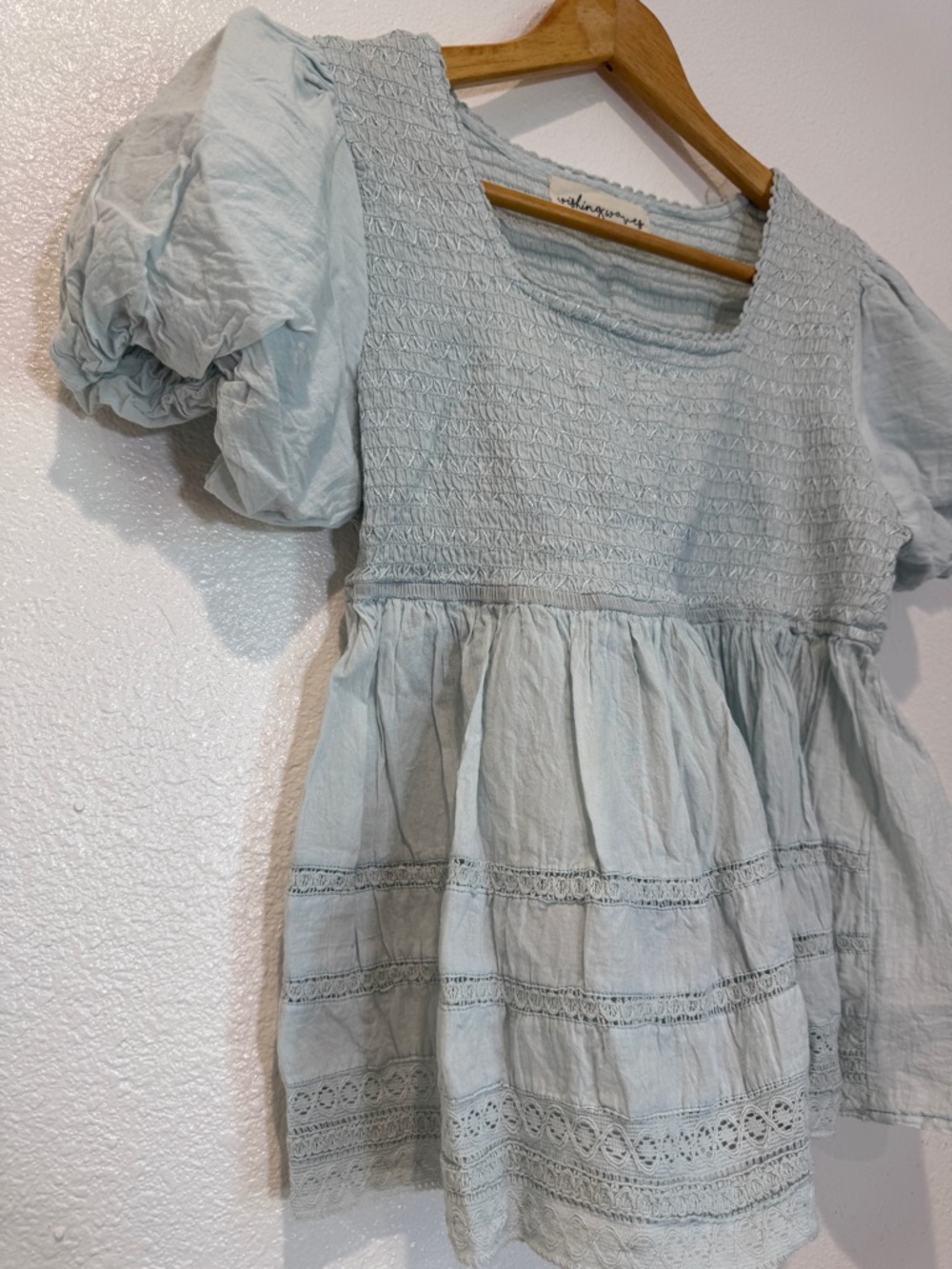 Light Blue Smocked Baby Doll Top Puff Short Sleeves S Flowy Coquette Feminine